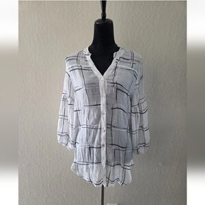 Anthropologie Fig & Flower White Sheer Plaid Button-Up Tunic Top Size L
